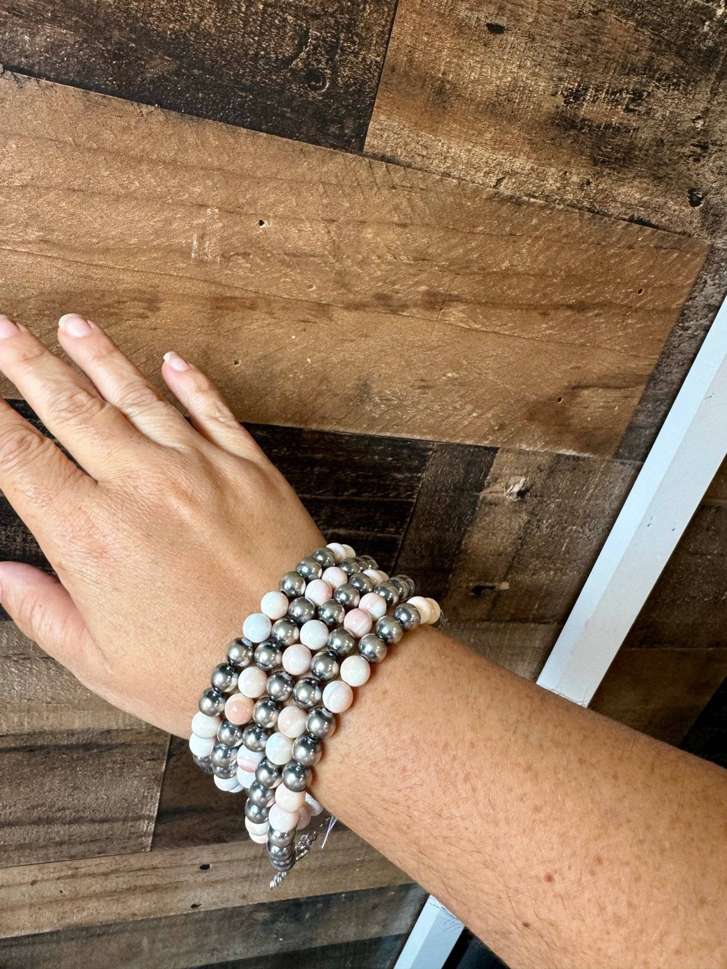 8mm Sterling Silver Pearls bracelet with pink conch beads - 6 inch bracelet