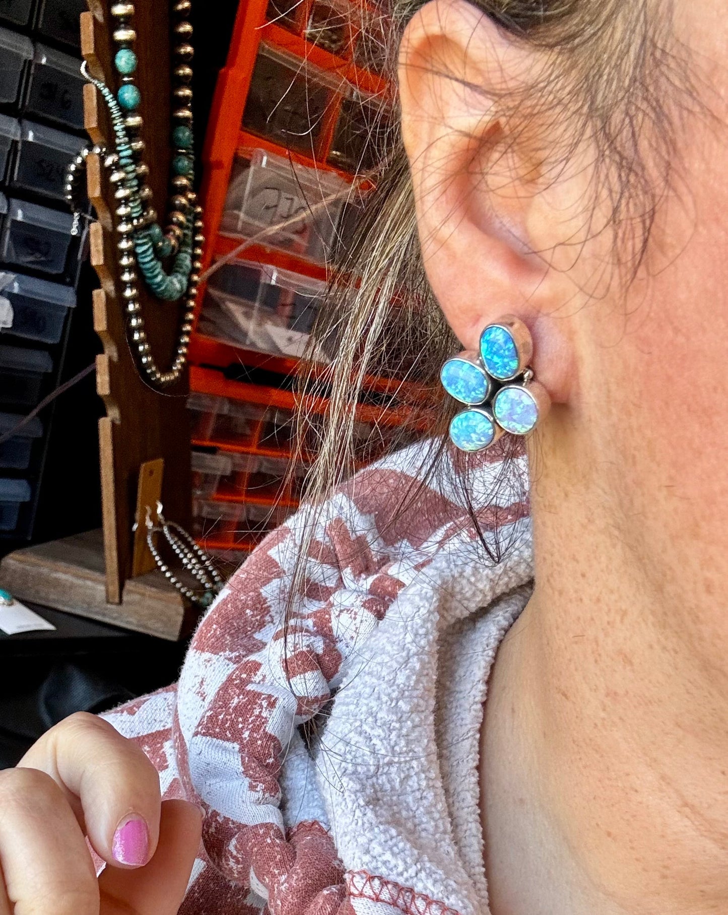 White Opal Half-Cluster Stud Earrings – Sterling Silver, Handmade in the USA