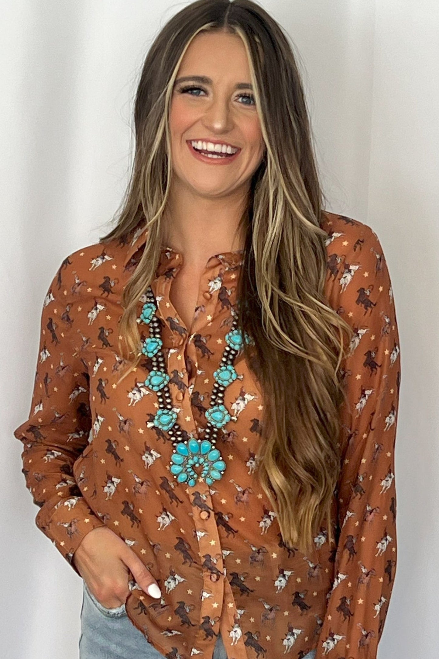 Western Huge Double-Strand Faux Turquoise Squash Blossom Statement Necklace — 32 Inch