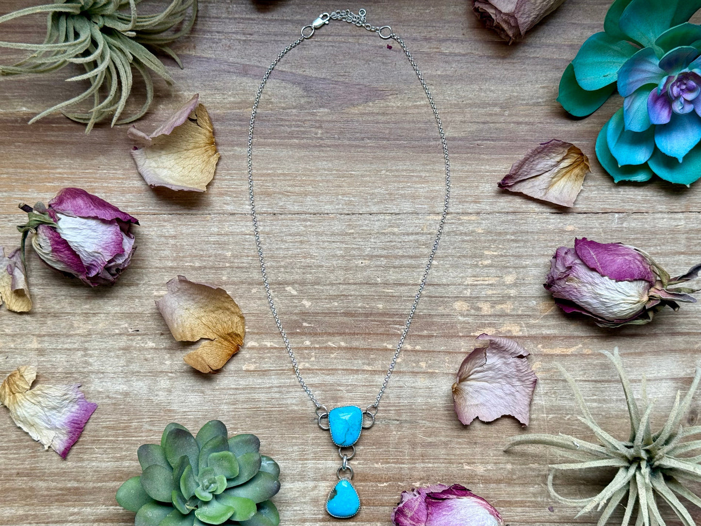 terling Silver Chain Necklace with Double Turquoise Dangles – 16” + Extender – Handmade In-House by The Bijoux FAB –