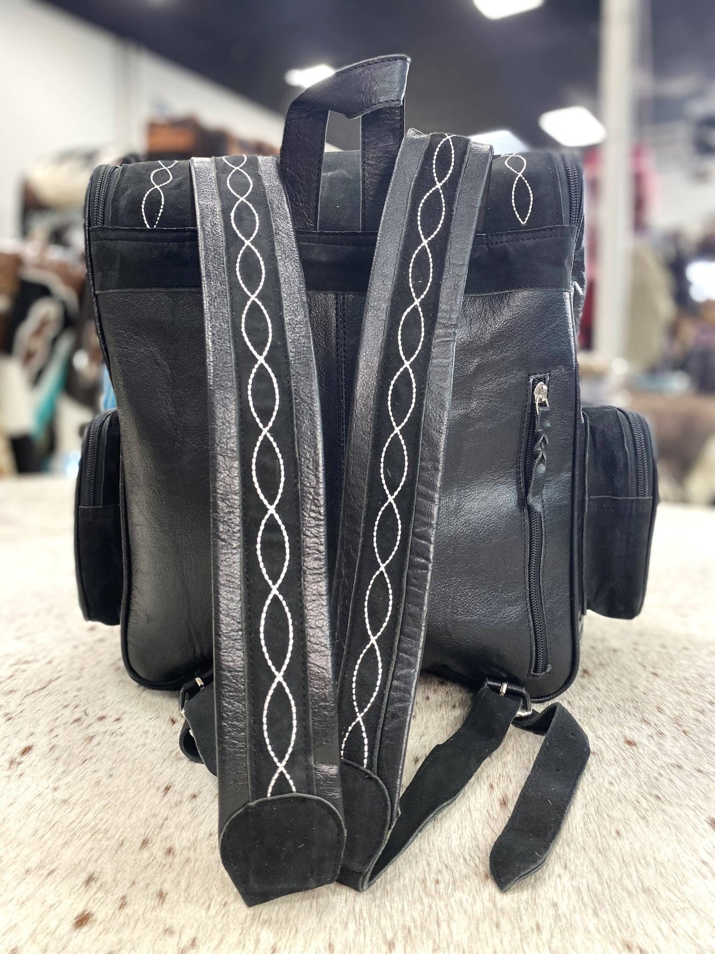 Western Black Suede Boot Stitch Backpack — Genuine Leather Western Statement