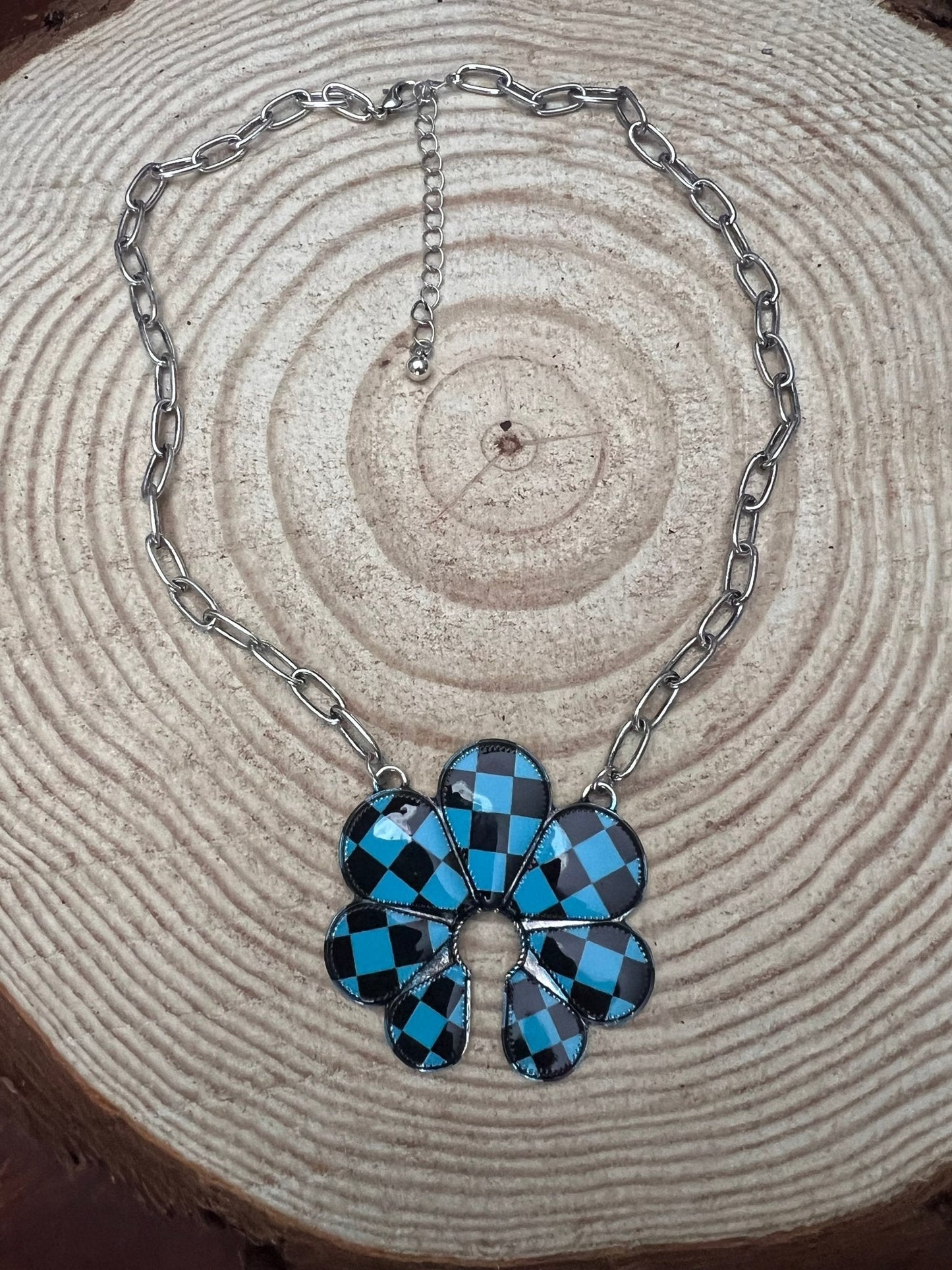 Western Checkered Squash Blossom Necklace — 18 Inch Southwestern Statement