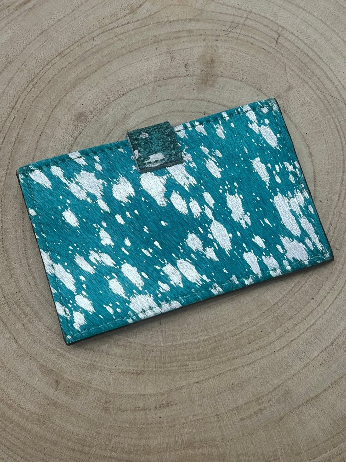 Western Cowhide Credit Card Wallet — Silver on Turquoise Hair-on-Hide (5" x 4" Real Hide)