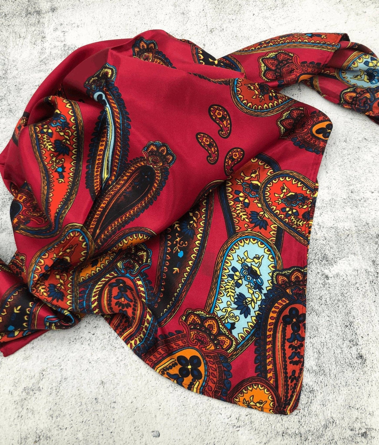 Red Paisley Border Wild Rag — 36" Poly Satin Vibrant Western Scarf