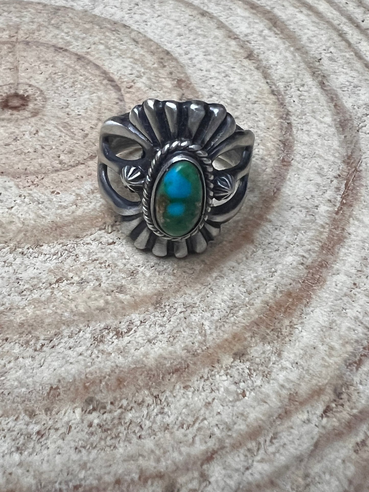Victor Coriz Navajo Sandcast Sterling Silver Ring with Sonoran Gold Turquoise — Size 9.5 (Thunderbird)