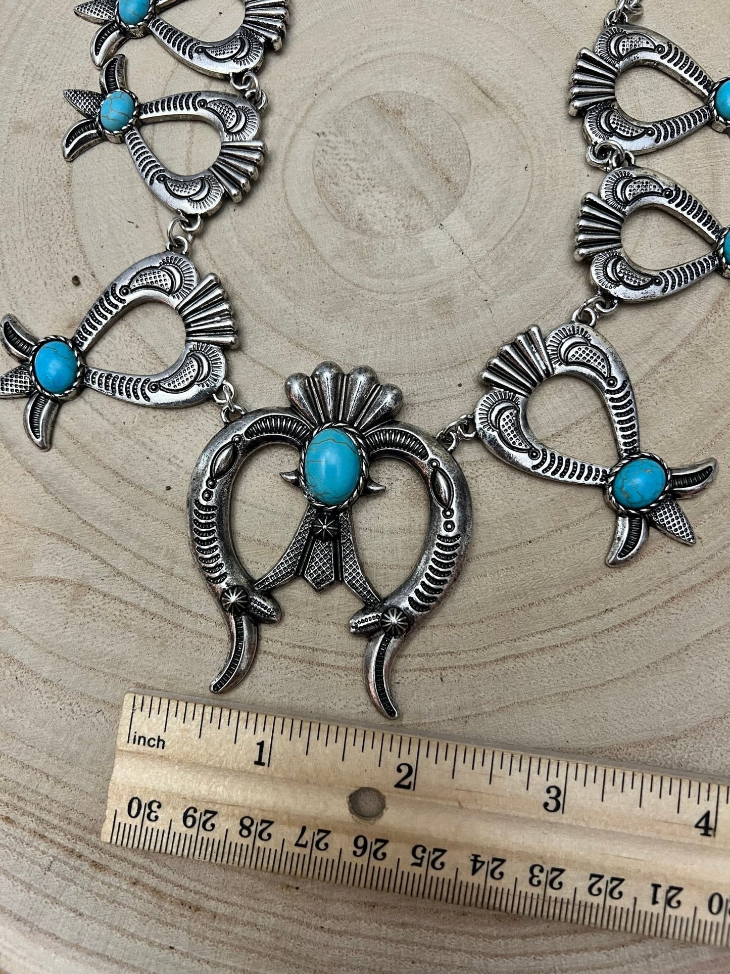 Western Squash Blossom Necklace & Earring Set with Faux Turquoise — 24 Inch Southwestern Set
