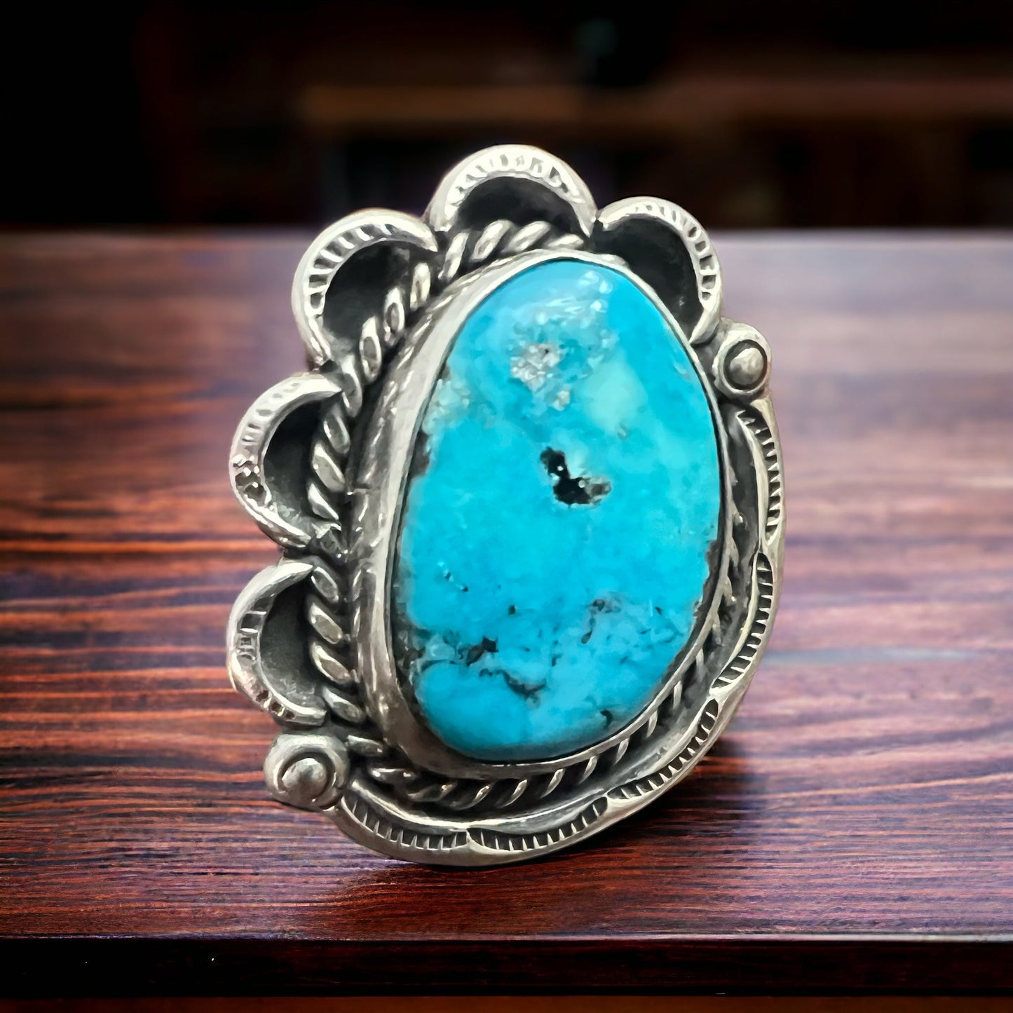 Vintage Sterling Silver Turquoise Ring — Blue Cabochon & Hand-Stamping, Size 7 (Native-Style)