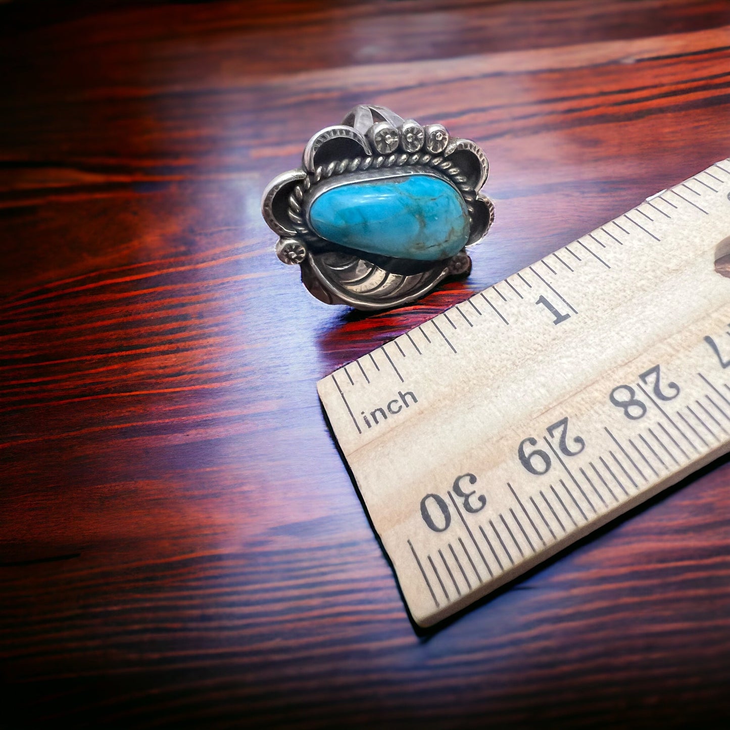 Vintage Sterling Silver Turquoise Ring with Sterling Leaf & Hand-Stamping — Size 7.5 (Native-Style)