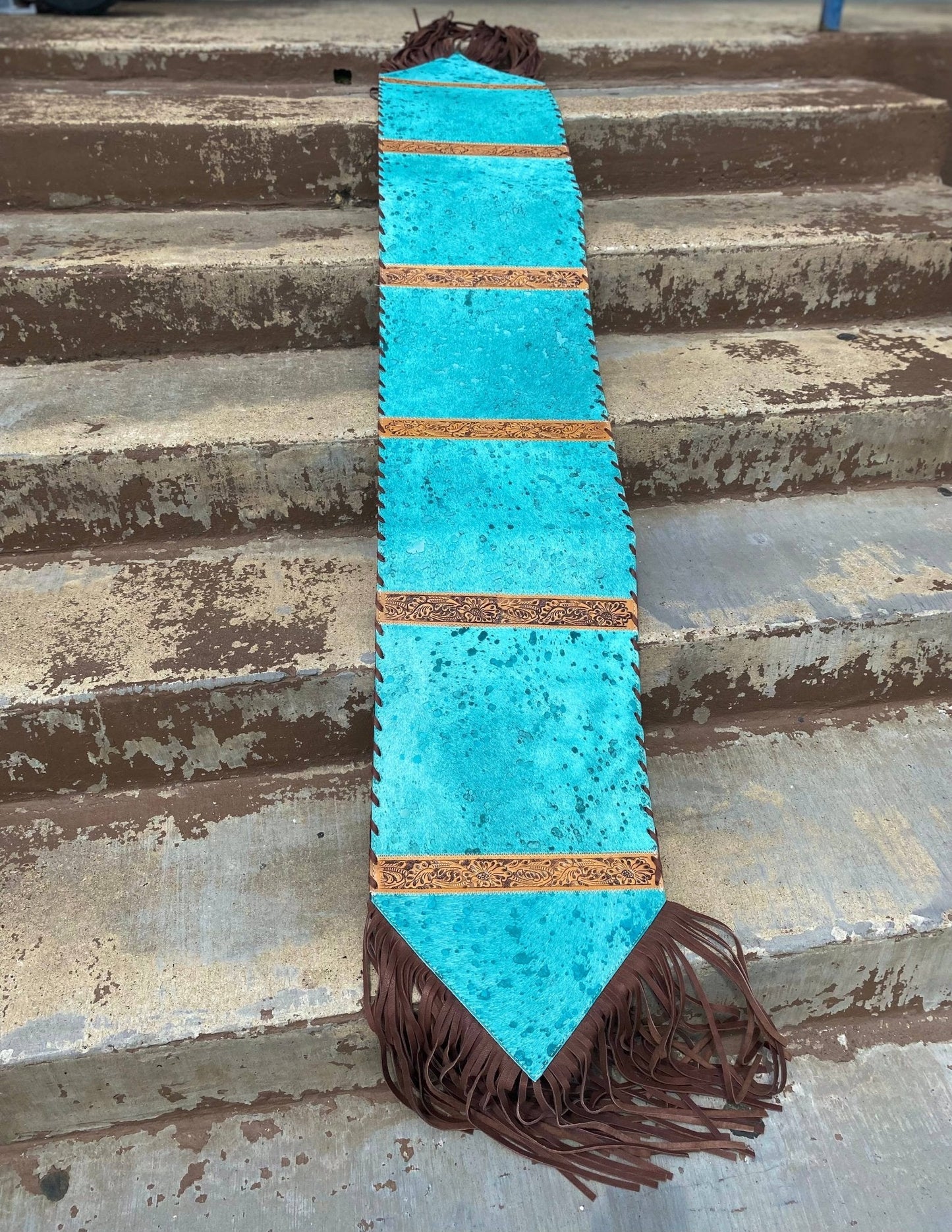 Turquoise & Tooled Cowhide Table Runner — 1' × 6' (Photo-Exact Hide, 11" Fringe)