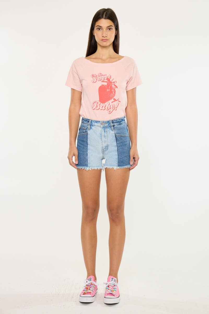 Kan Can Two-Tone Color Block Ultra High-Rise Western Denim Shorts — 11" Rise with Raw Frayed Hem