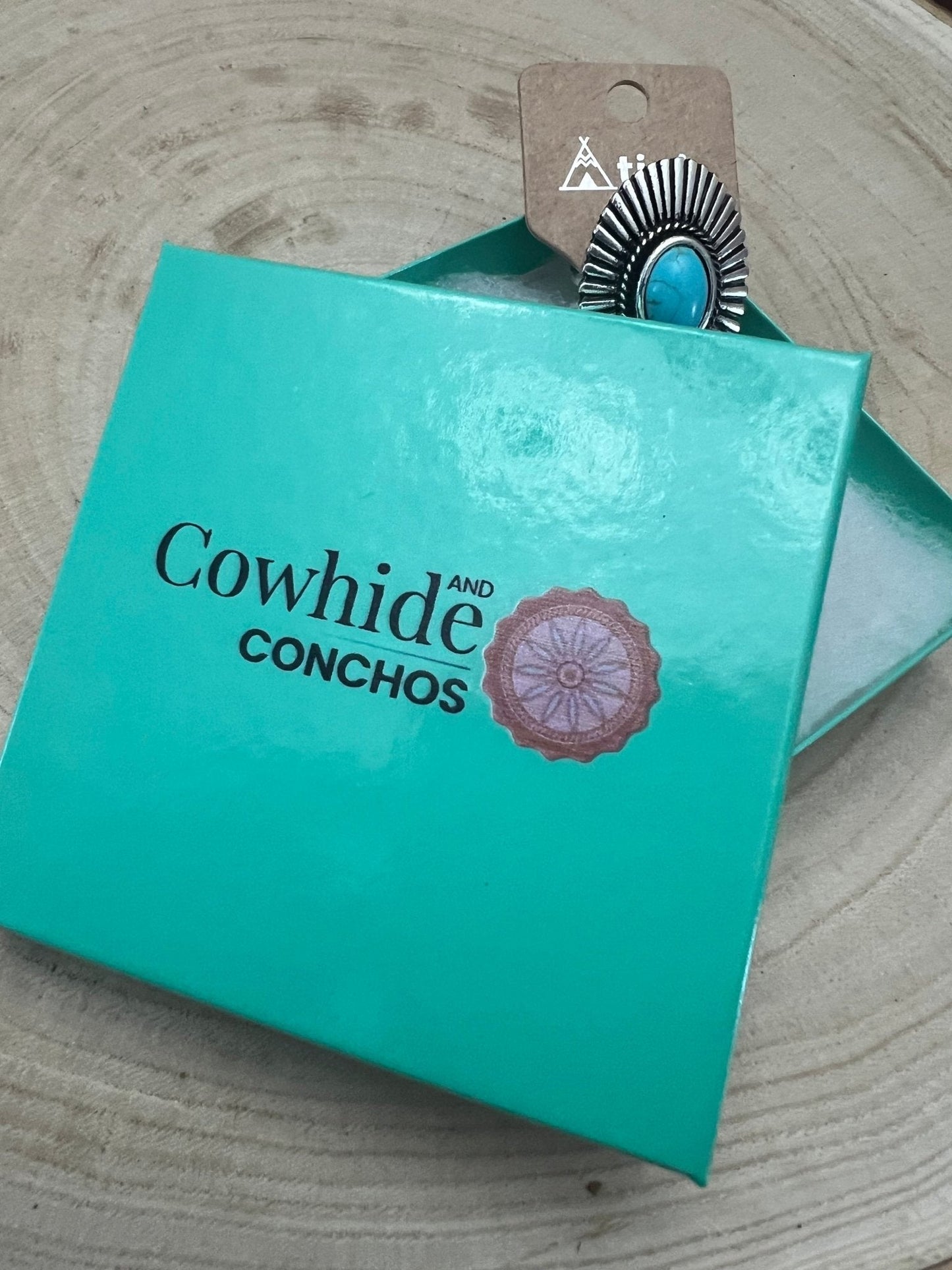 Western Concho & Faux Turquoise Adjustable Statement Ring — 1.5" Bold Western Hand Statement