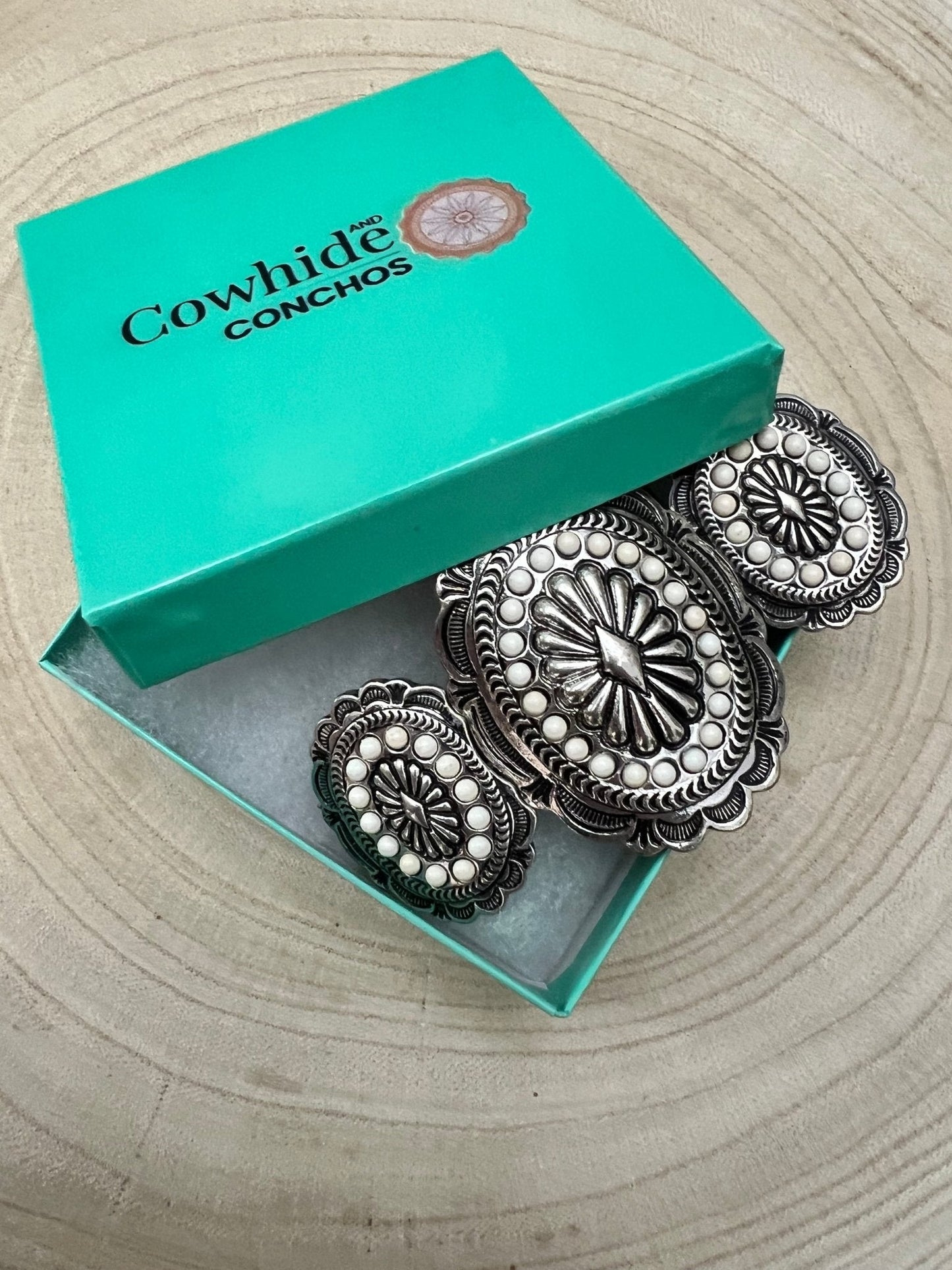 Western Concho and White Stone Faux Wide Statement Stretch Bracelet