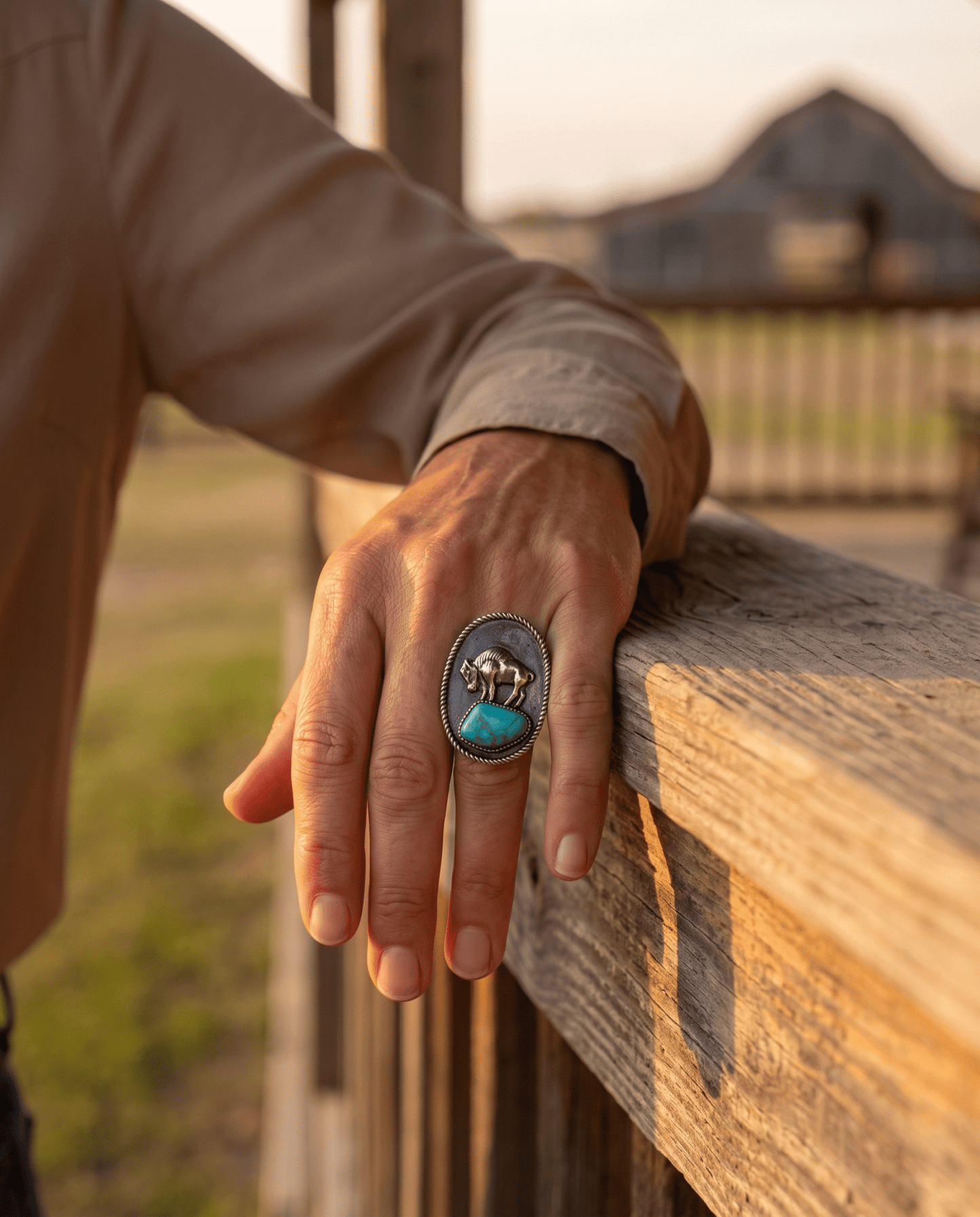 Western Faux Buffalo Coin & Faux Turquoise Nugget Adjustable Ring — Wild West Hand Statement