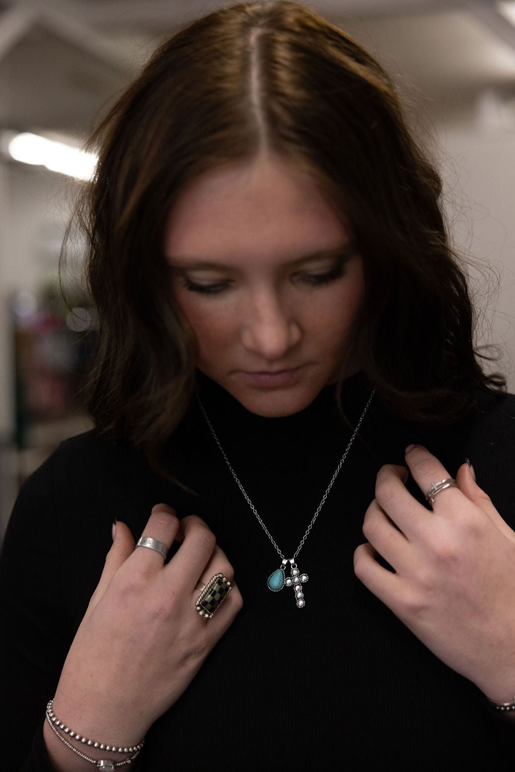 Western Rhinestone Cross & Faux Turquoise Dangle Necklace — 18 Inch with Extender