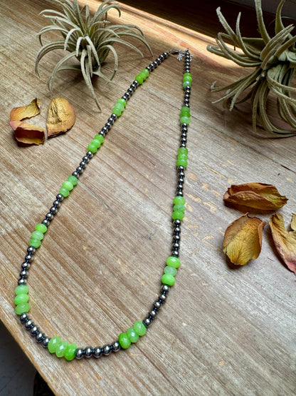 Jade Dye Green & Sterling Silver Pearl Necklace – 21 ¾” Plus Extender