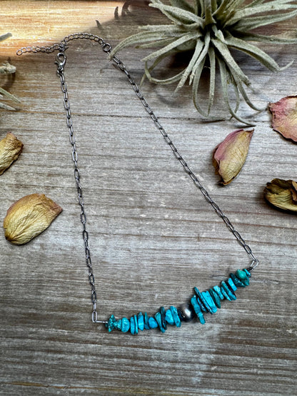 Turquoise Chip Necklace – Sterling Silver Pearl Accent – Paperclip Chain