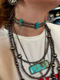 TURQUOISE Double Strand Necklace – 13” Beaded – Sterling Silver Pearls & Rectangle Variscite