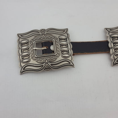 Western Silver Rectangular Concho Distressed Leather Belt — Brown or Black