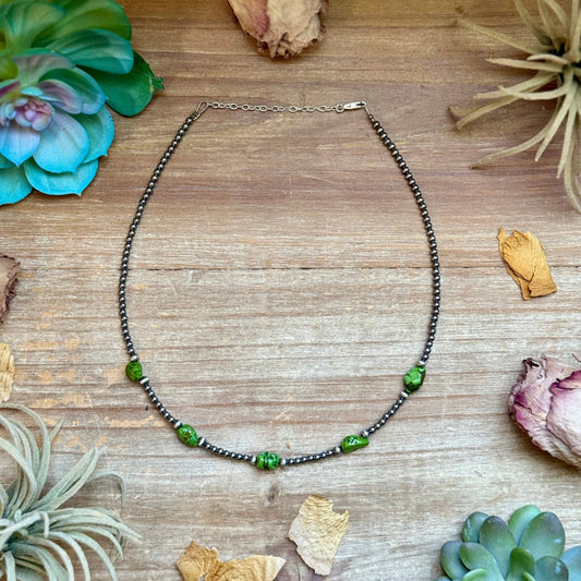 Green Nugget Turquoise & Sterling Silver Pearl Necklace