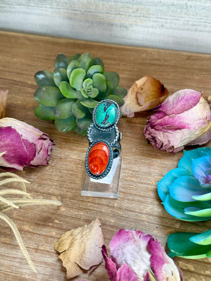 MJ Turquoise & Red Spiny Oyster Ring – Sterling Silver Adjustable Band