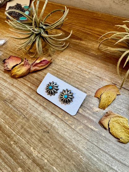 Small Sterling Silver Concho Earrings with Kingman Turquoise – Made in the USA
