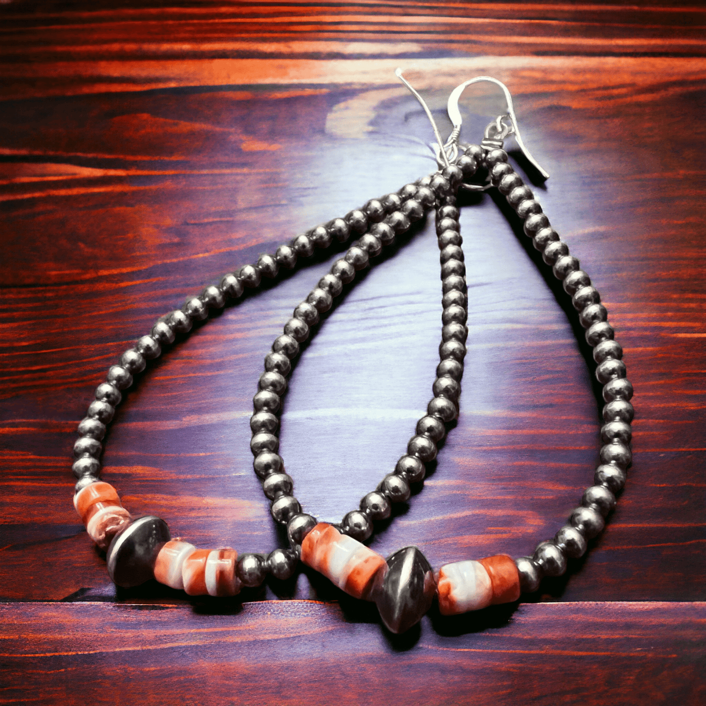 3mm teardrop Sterling Silver Pearls earrings with orange Spiny Oyster - 3 1/4 inch drop