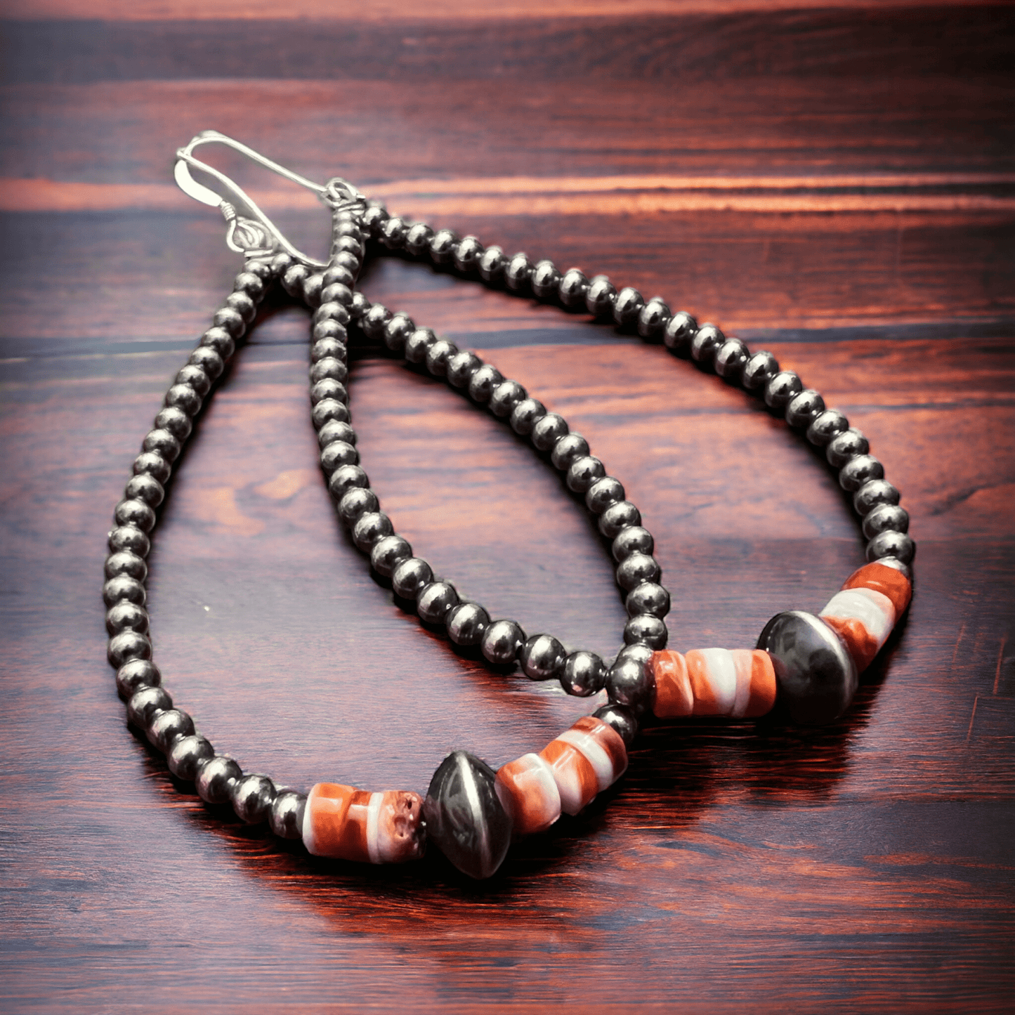 3mm teardrop Sterling Silver Pearls earrings with orange Spiny Oyster - 3 1/4 inch drop