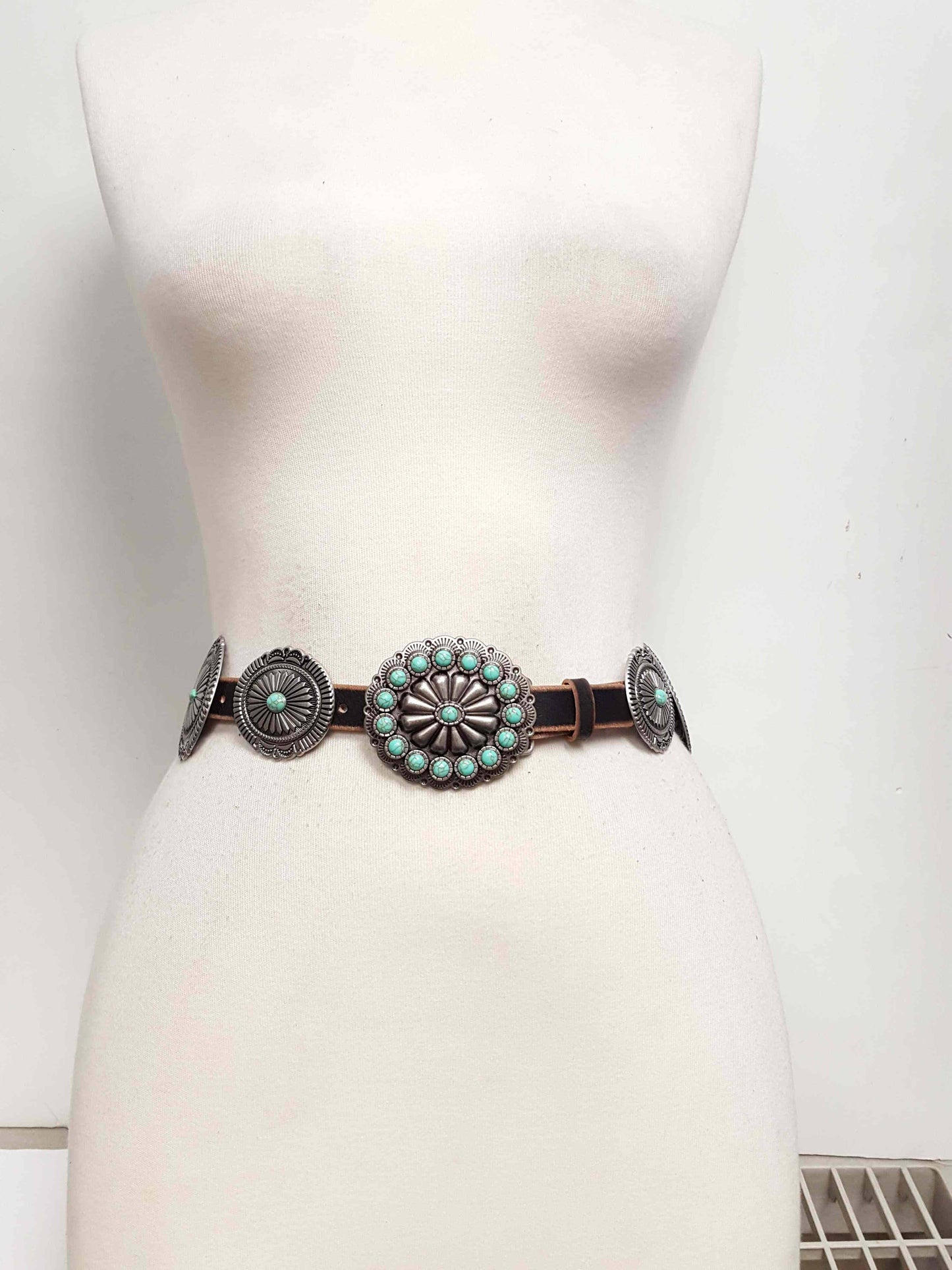 Genuine Distressed Leather Western Concho Belt with Faux Turquoise Stone Buckle