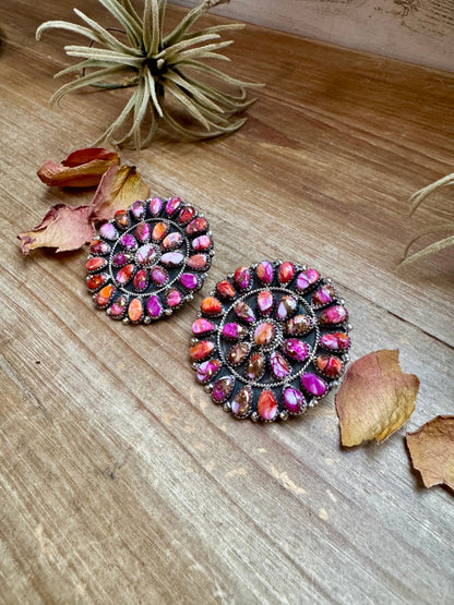 Giant Cluster Earrings – Pink Dahlia Color & Sterling Silver - One of a kind
