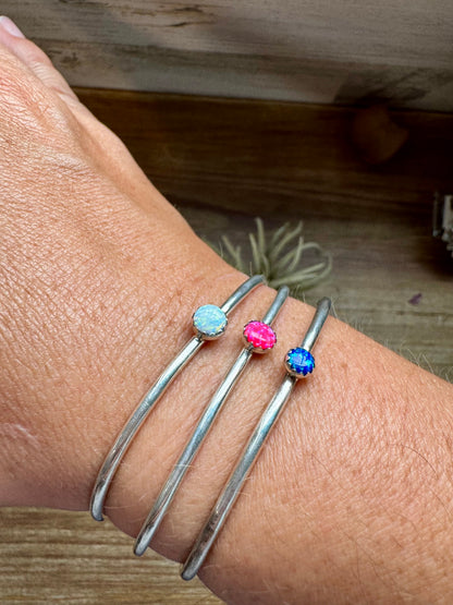 Small Opal Cuff Bracelet – Choice of Pink, Blue, or White – Sterling Silver