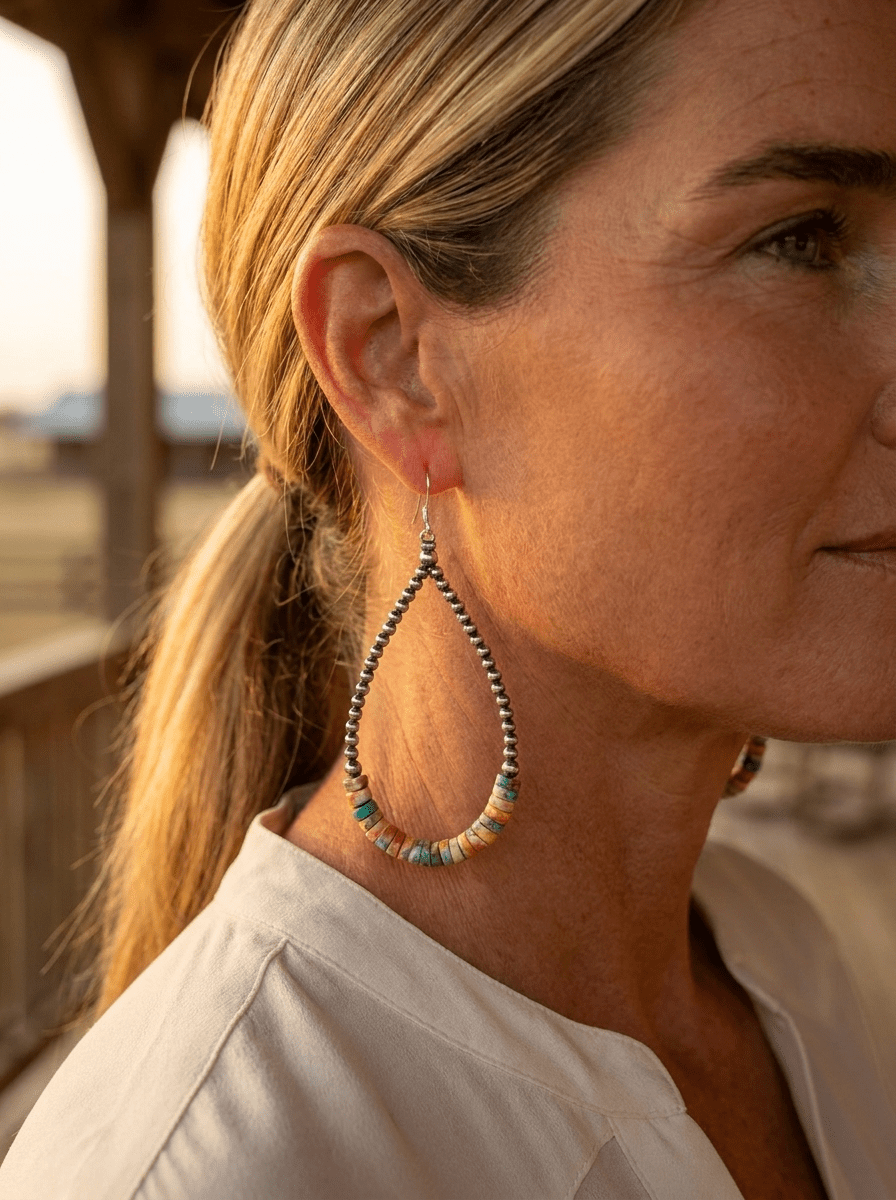 3mm Sterling Pearl Teardrop Earrings with Spiny Oyster & Turquoise — 4 inch drop (Made in USA)