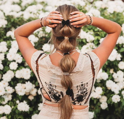 "Harmony" Bows, Pearls, Black & Gold Hair Tie Bracelets