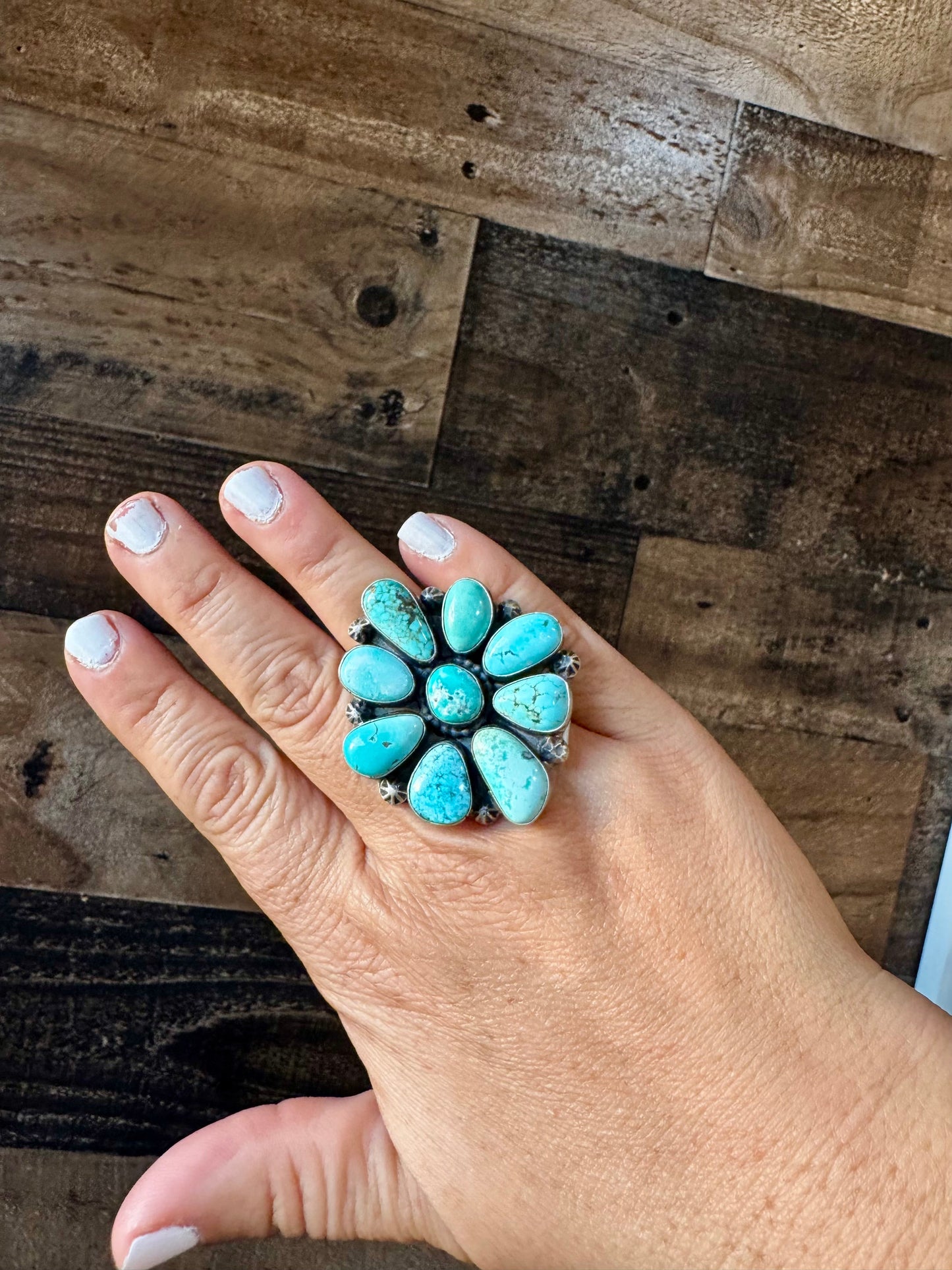 Big flower ring- size 7 1/2- Royston  turquoise ring and sterling silver