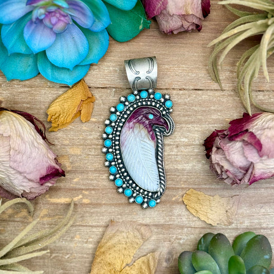 81 - Sterling Silver Kingman Turquoise & Purple Spiny Oyster Eagle Pendant by Shay Pfeiffer