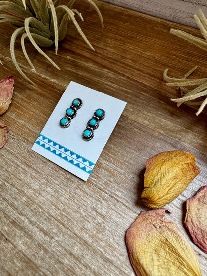 Triple Kingman Turquoise Stud Earrings – Sterling Silver, USA Made