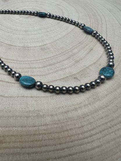 4mm & 5mm Sterling Pearl & Turquoise Choker — 15 inch (Handmade in North Texas)