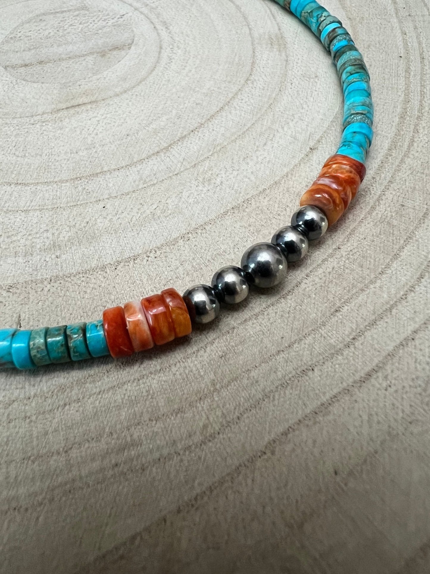 "The Vibrant" Choker — Spiny Oyster, Variscite Turquoise & Sterling Pearl — 14 inch (with 3 inch extender)