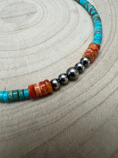 "The Vibrant" Choker — Spiny Oyster, Variscite Turquoise & Sterling Pearl — 14 inch (with 3 inch extender)