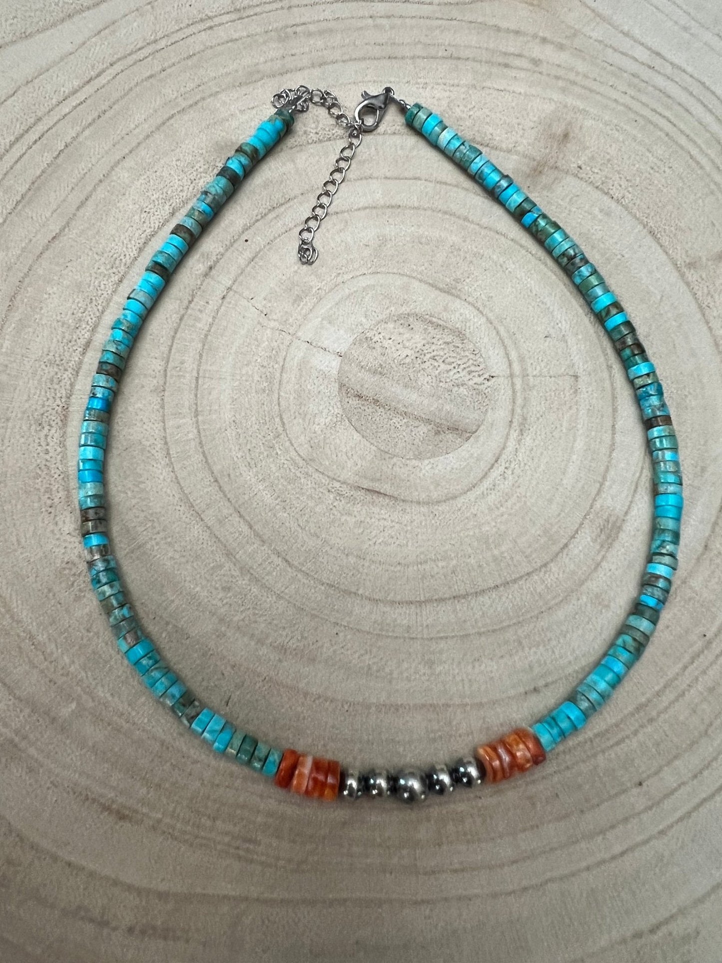 "The Vibrant" Choker — Spiny Oyster, Variscite Turquoise & Sterling Pearl — 14 inch (with 3 inch extender)