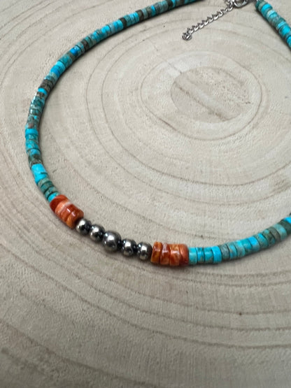 "The Vibrant" Choker — Spiny Oyster, Variscite Turquoise & Sterling Pearl — 14 inch (with 3 inch extender)