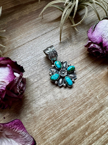 Flower Pendant with Sonoran Gold Turquoise – Sterling Silver – Native Made by Charles Johnson – Fits 10mm