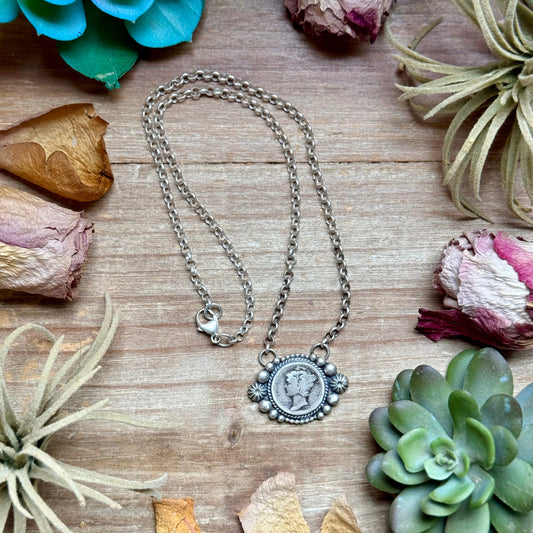 93 - Sterling Silver Mercury Dime Fixed Chain Necklace by Jason Ogg
