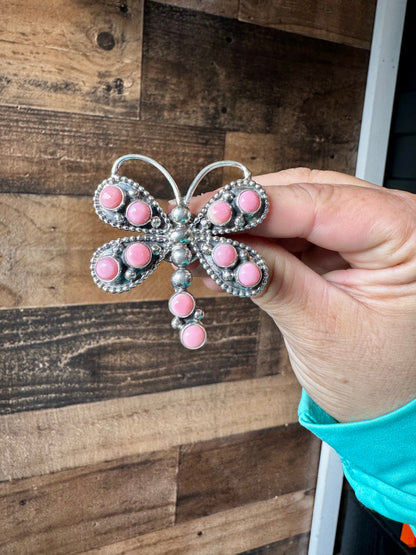 Dragonfly ring -size 7 - pink conch and sterling silver
