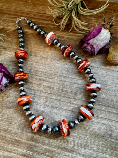 NFR Collection Necklace – 10mm Sterling Silver Pearls with 20mm Red Spiny Oyster – Handmade by The Bijoux FAB – 19"