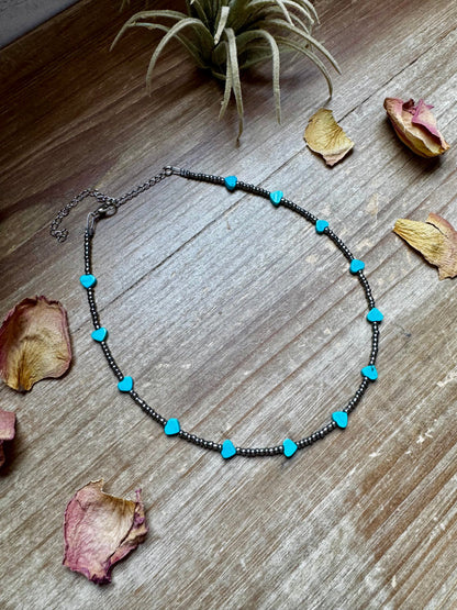 14-Inch Antique Silver Seed Bead Necklace with Turquoise Heart