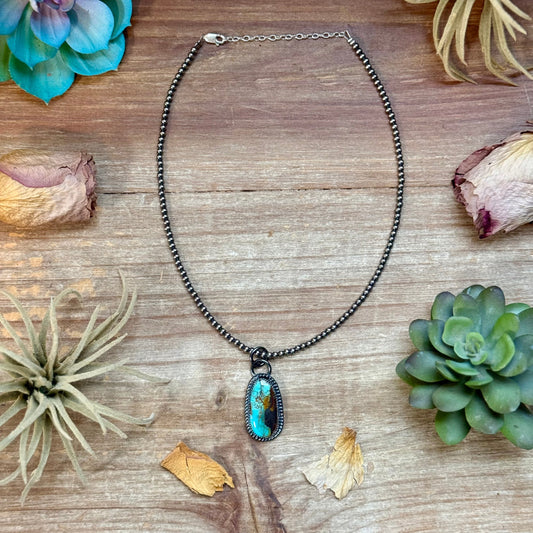 FREE Sterling Silver Pearl Necklace + MJ Long Oval Turquoise Pendant