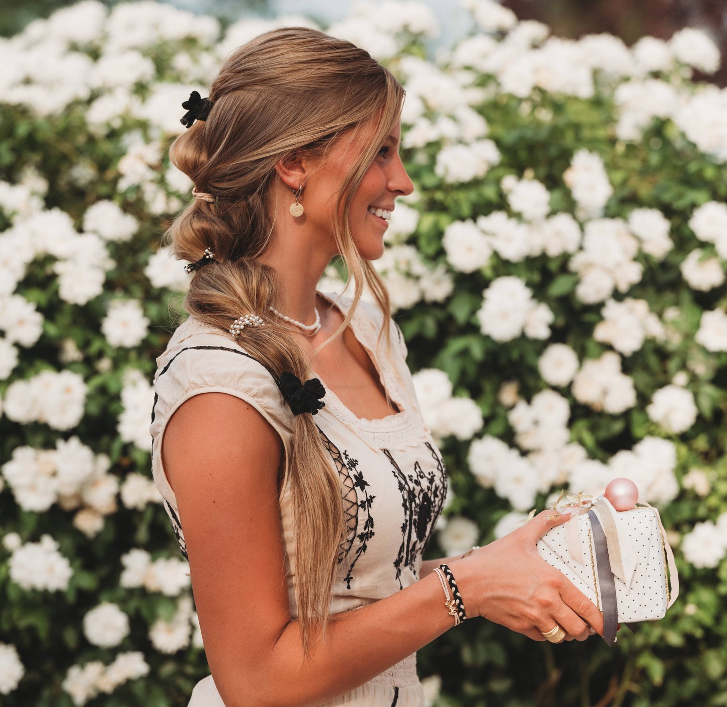 "Harmony" Bows, Pearls, Black & Gold Hair Tie Bracelets