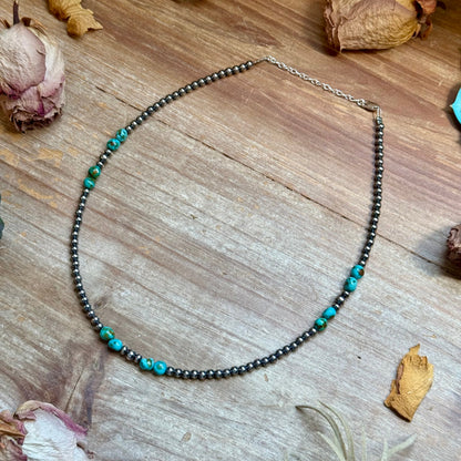 Rare Sonoran Gold Turquoise & Sterling Silver Pearl Necklace