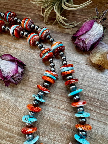 NFR Collection Necklace – Sterling Silver Pearls with Blue Turquoise & Spiny Oyster – Handmade by The Bijoux FAB – 29"