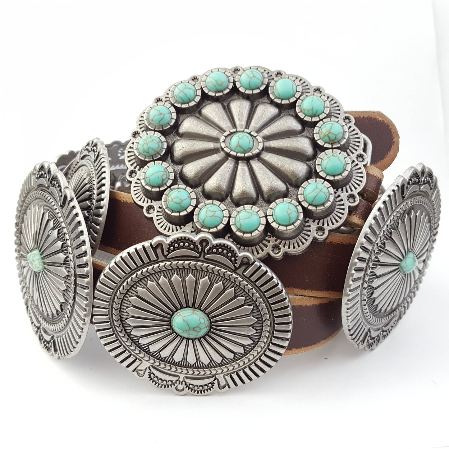 Genuine Distressed Leather Western Concho Belt with Faux Turquoise Stone Buckle
